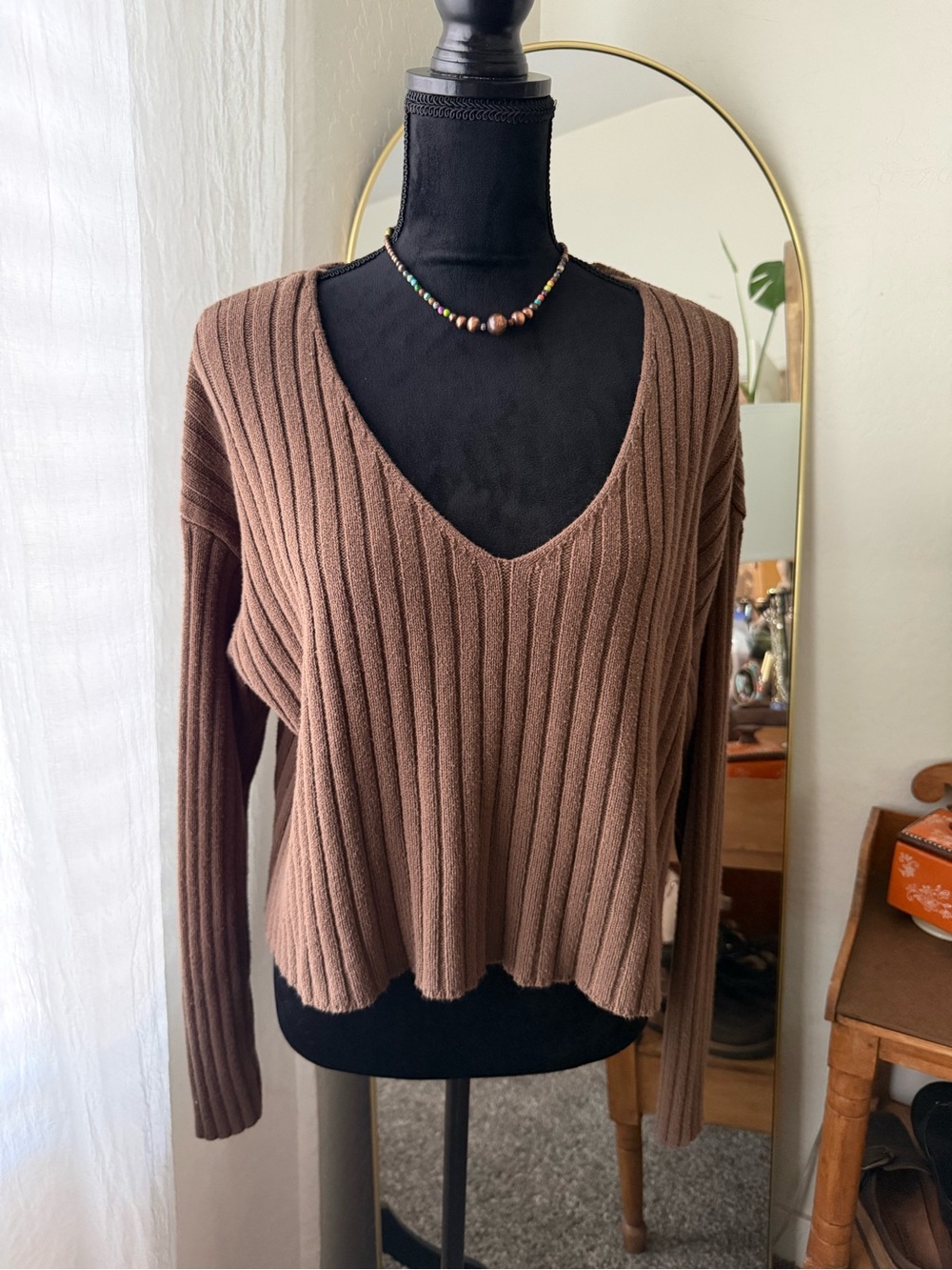 Abound Ribbed V-Neck Brown Knit Sweater